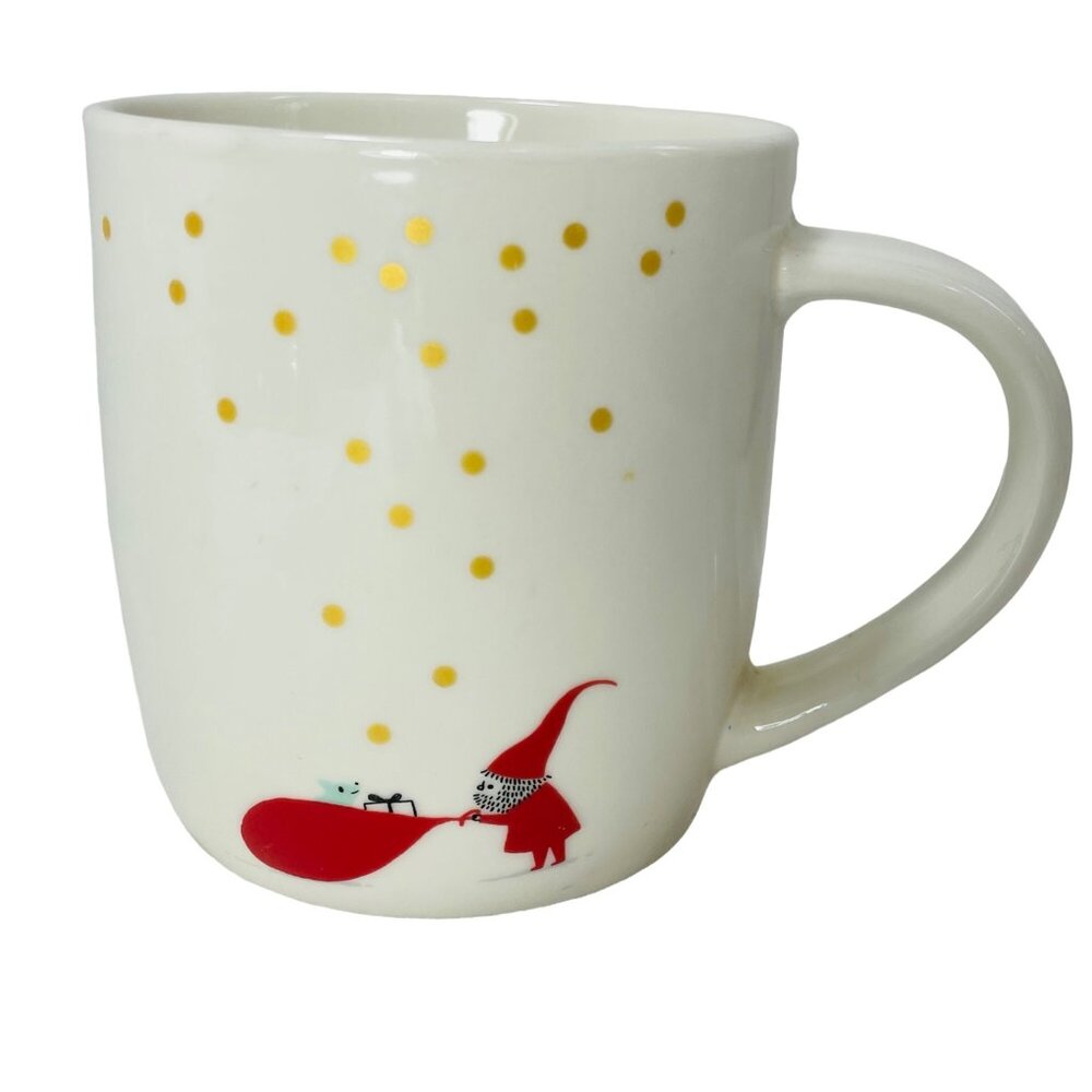 Starbucks Holiday Mug With Gnome & Gift Design 10 Oz Ceramic White Gold Accents